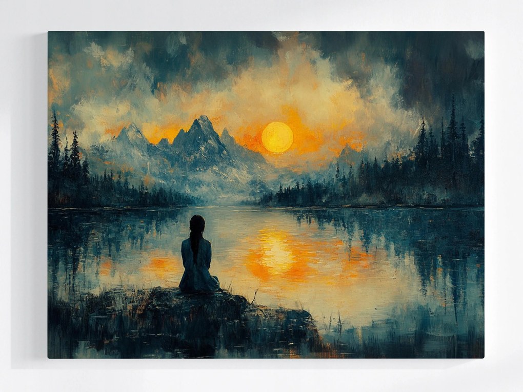 Vászonkép Canvas Tájkép Hegyek Tó Nap Figura Meditáció 80x60