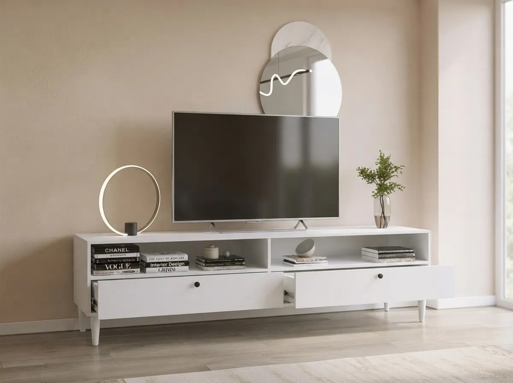 TV állvány polccal és szekrényekkel DULLUM 200x58cm, fehér