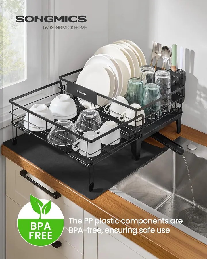 Edényszárító állvány, 360°-ban forgatható és kihúzható lefolyóval, fekete