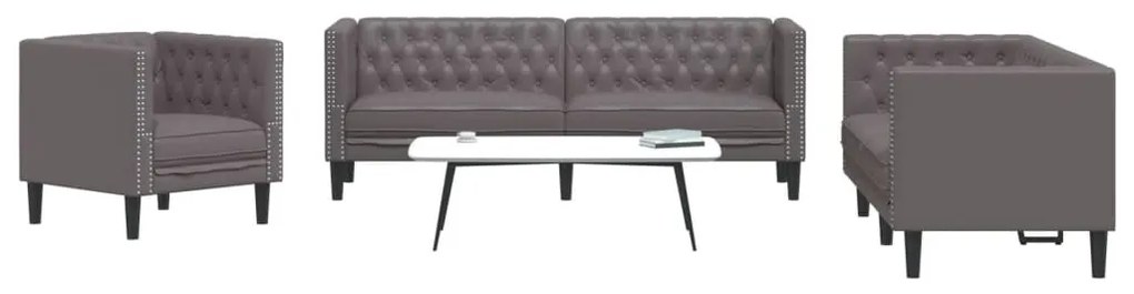 3 részes szürke műbőr Chesterfield kanapégarnitúra