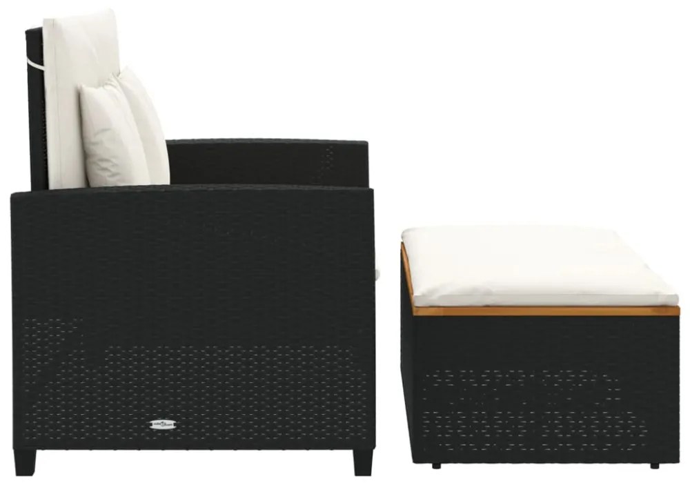 2 személyes fekete polyrattan/akácfa kerti kanapé párnával