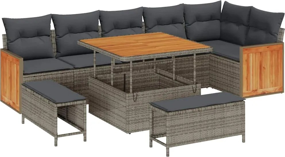 vidaXL Kerti Kanapé Szett 9 pcs Szürke Poli Rattan és Porfestett Acél