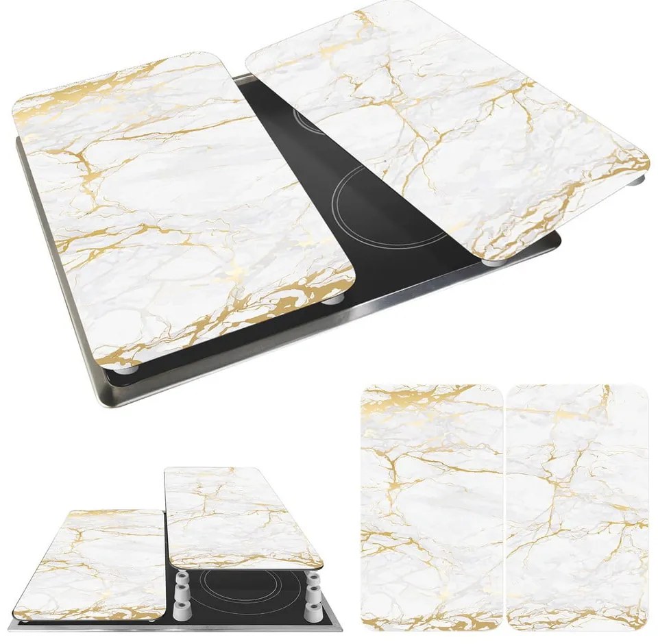 Fehér-aranyszínű edzett üveg tűzhely fedőlap szett 2 db-os 30x52 cm Marble – Wenko