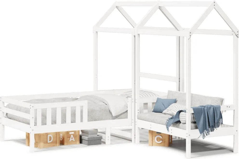 vidaXL fehér tömör fenyőfa ágy és pad szett tetővel 80 x 200 cm