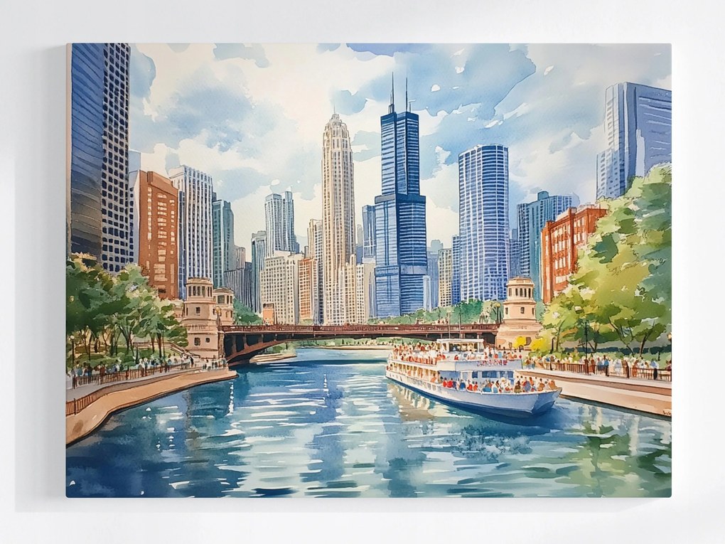 Vászonkép Canvas Város Folyó Chicago Felhőkarcolók Willis Tower 80x60