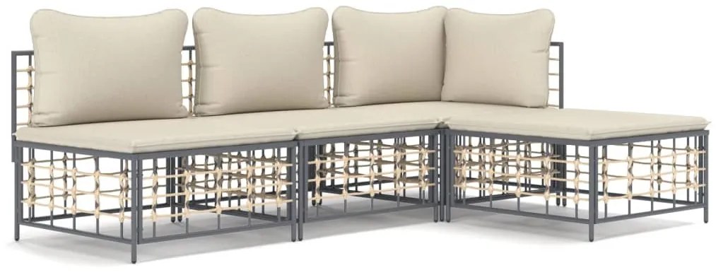 4 részes antracitszürke polyrattan kerti ülőgarnitúra párnákkal