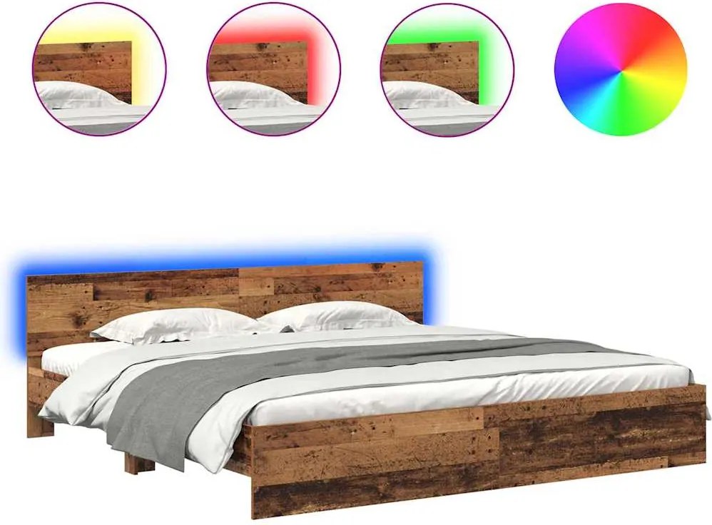 vidaXL Ágykeret LED -es lámpákkal Öreg fa 180 x 200 cm Faanyag