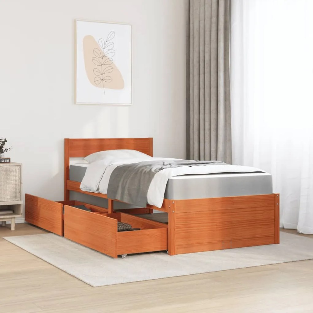 viaszbarna tömör fenyőfa ágy fiókokkal és matraccal 90 x 200 cm