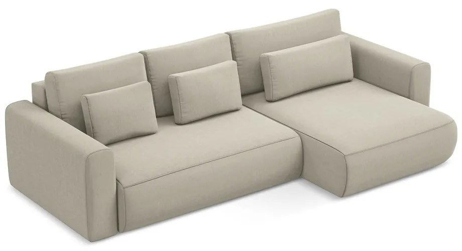 Bézs bársony kinyitható-tárolóhelyes sarokkanapé (jobb oldali-heverő résszel) Kapua – Makamii