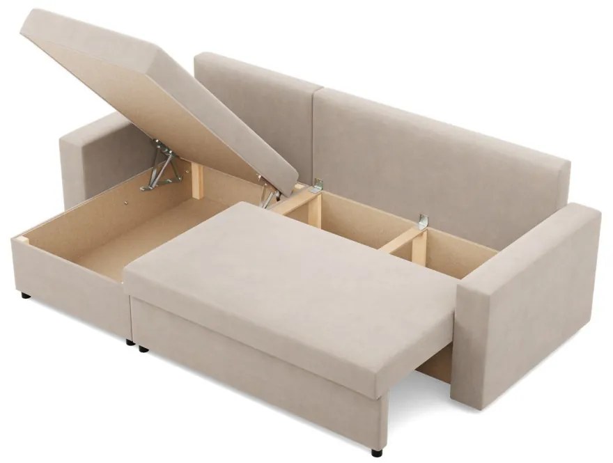 Zeus sarokkanapé, 2 ágyneműtartóval, egyenes kartámasz, bársony, univerzális oldal, hab töltet, bézs