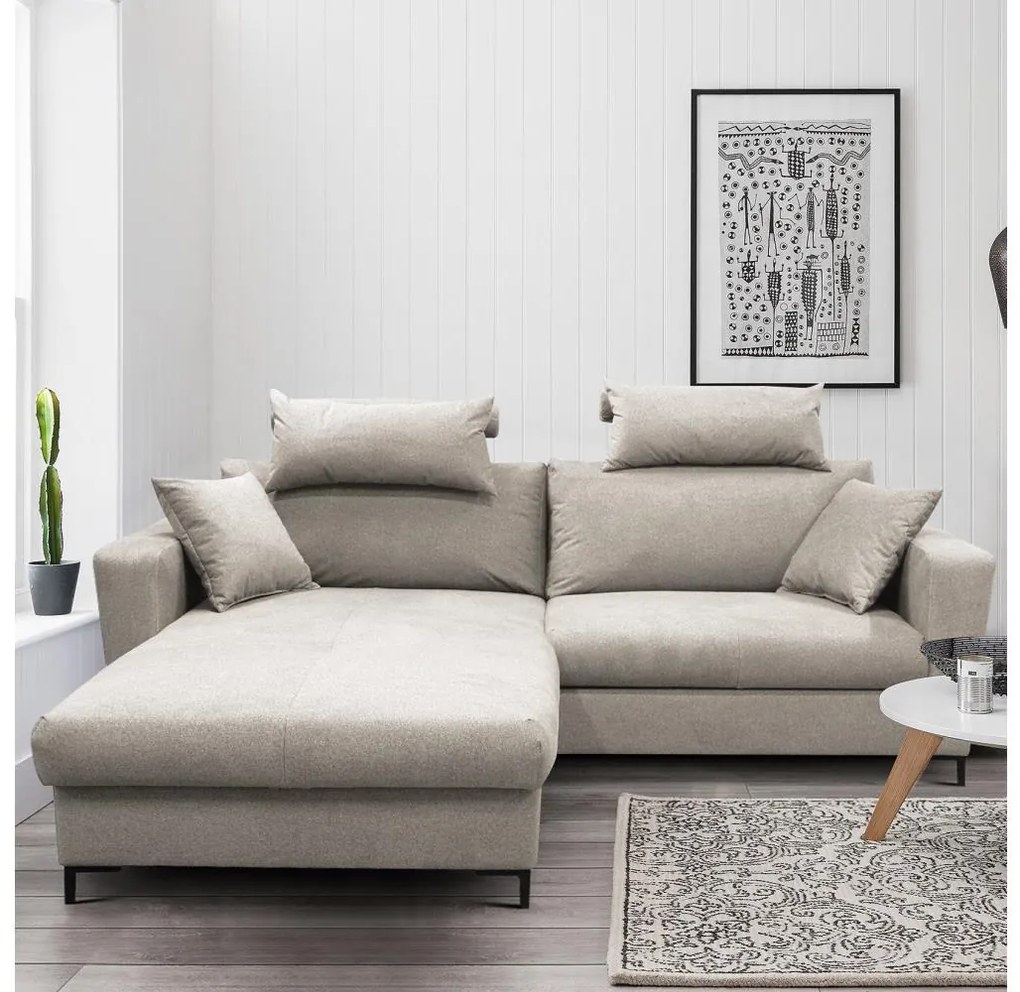 L-alakú, balos elrendezésű, ággyá alakítható sarokgarnitúra tárolóval HORTA, szürke