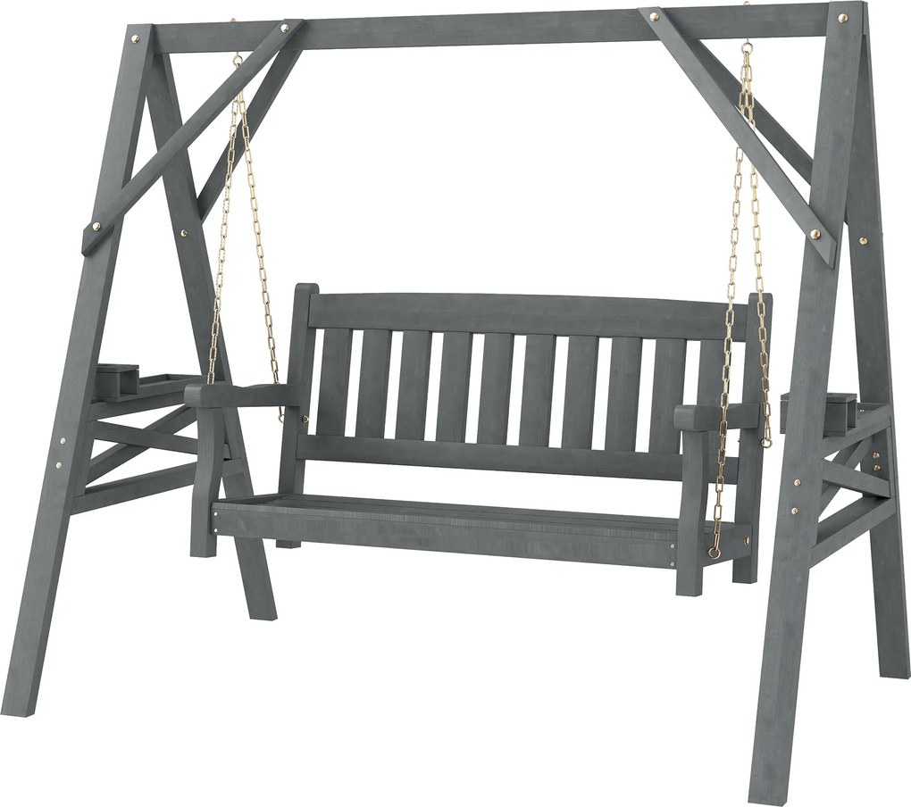 Outsunny kétszemélyes kerti hinta — fából készült pad oldalsó asztalkákkal, pohártartókkal és fémláncokkal, szürke | Aosom