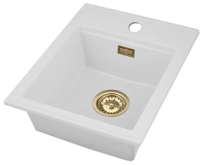 SINK Quality Mosogató minőségi Ferrum Új 4050, 1 kamrás gránit mosogató 400x500x185 mm + arany szifon, fehér, SKQ-FER.4050.WH.XG