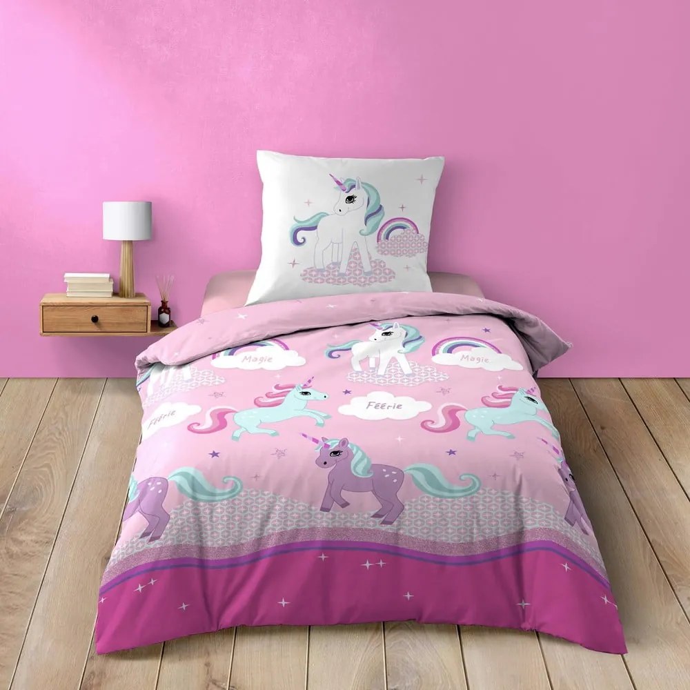 Rózsaszín egyszemélyes pamut gyerek ágyneműhuzat 140x200 cm Licorne – douceur d'intérieur