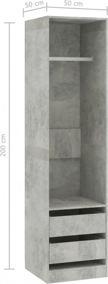 betonszürke szerelt fa ruhásszekrény fiókokkal 50 x 50 x 200 cm