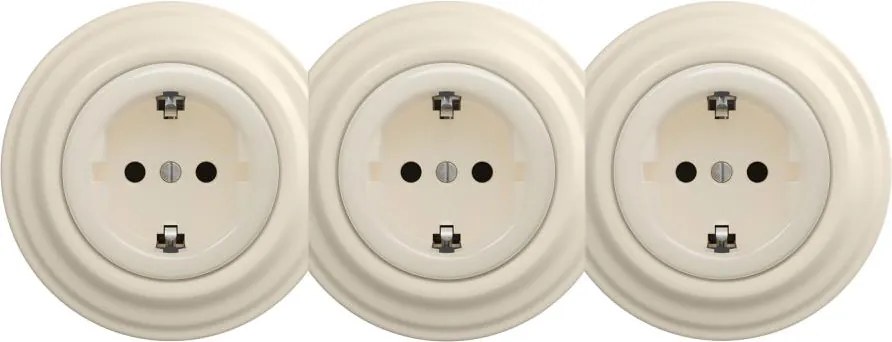 Kliklap - Háromaljzatú retro fali konnektor kerettel, SCHUKO, 230 V, bézs