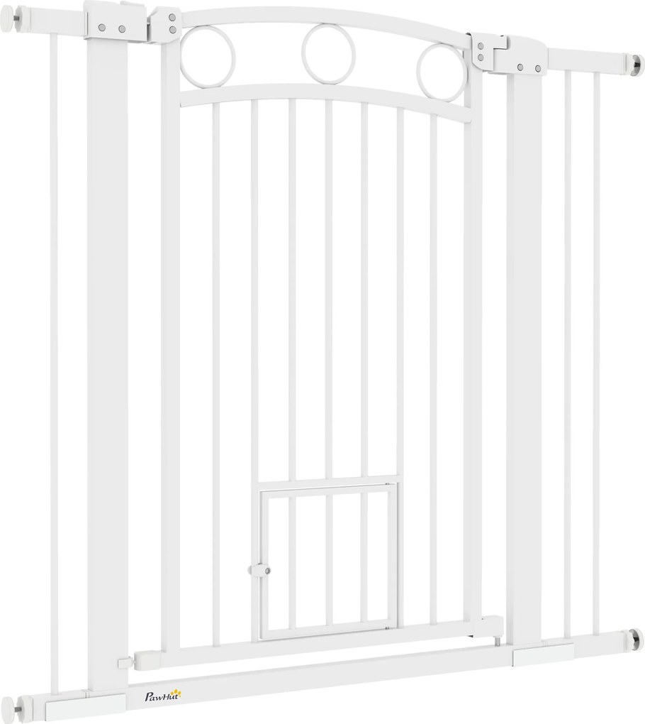 PawHut Kutya Biztonsági Kapu, 76-104 cm Átjáró Kapu Fúrás Nélkül, Acél Lépcsővédő Kapu Macskaajtóval, Biztonsági Kapu Lépcsőkhöz, Ajtókhoz, Közlekedők