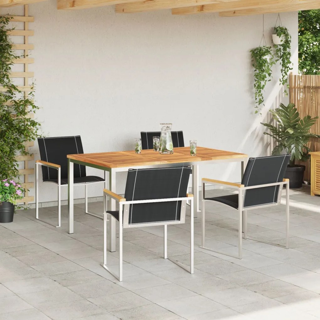 5 darabos kerti étkező szett Tömör akácból, Kültéri étkező asztal 150x90x75 cm Tömör akácból