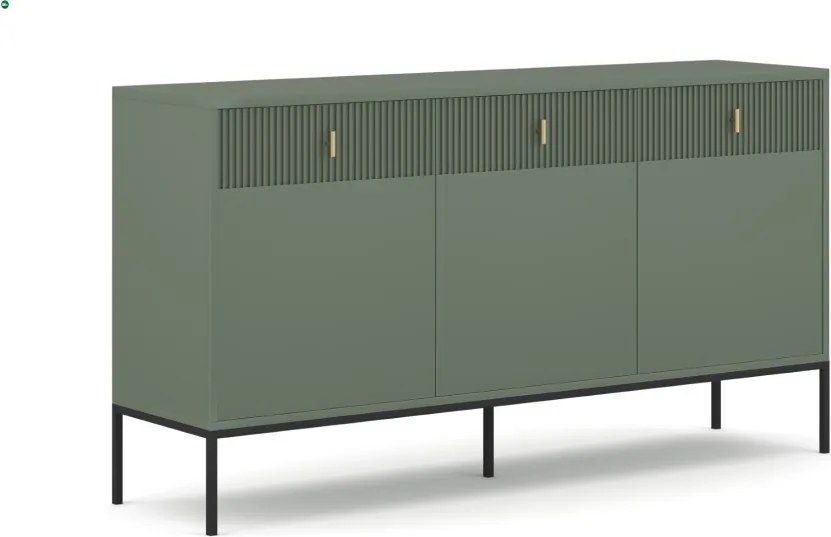 Komód 3 ajtóval és 3 fiókkal smoke green színben fekete elemekkel arany fogantyúkkal – MAGGIORE MA03
