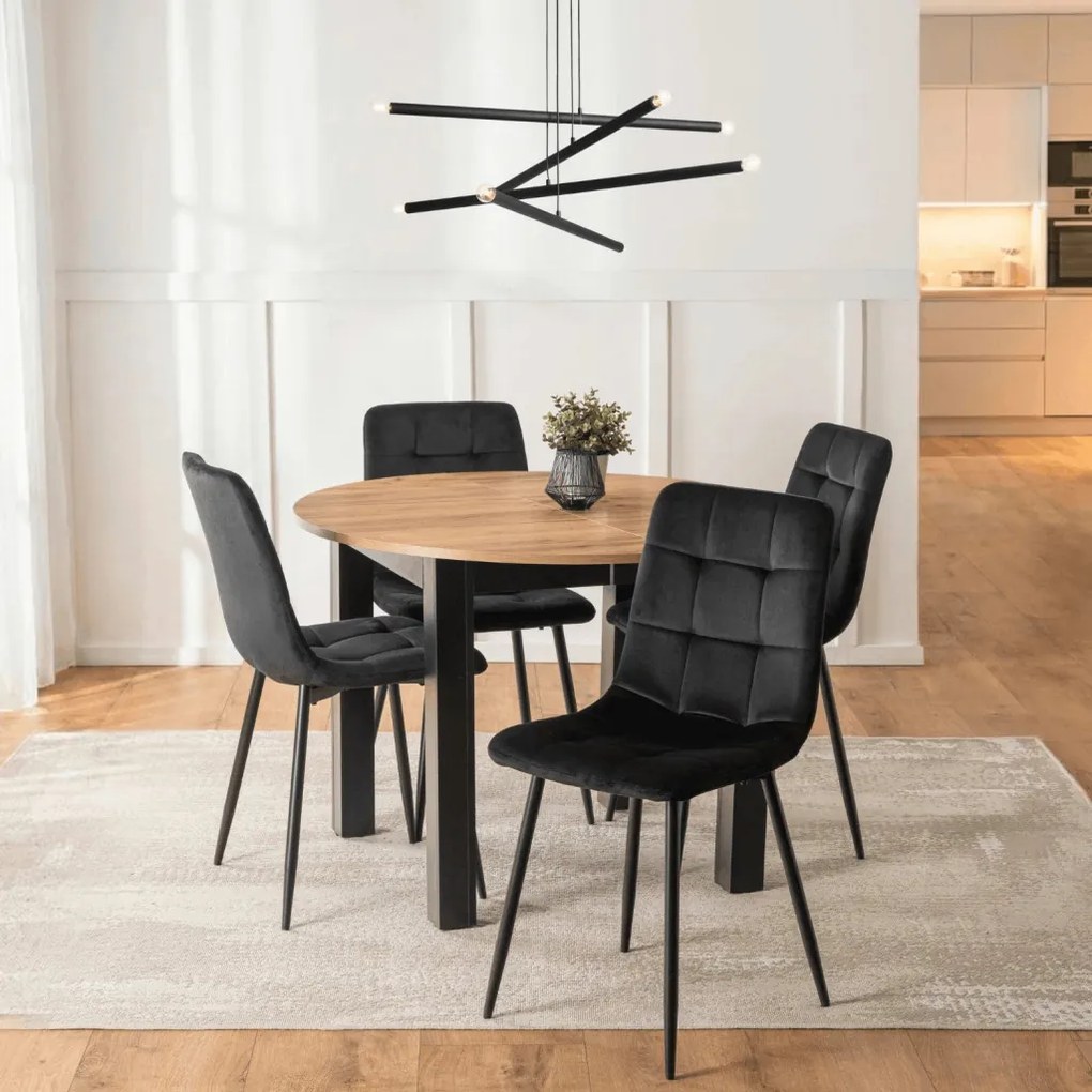 szett étkezőasztal HARRY 102-142 cm craft tölgy/fekete és 4 szék PERU fekete