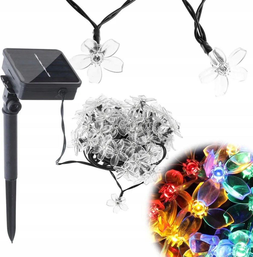 Napelemes Kerti Lámpa Girland Erkélyre Virág 50LED Többszínű 7M
