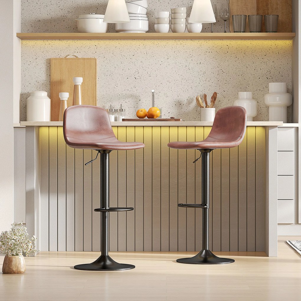 HOMCOM 2 db Magas Bárszék Beépített Háttámlával és Lábpihentővel - Magasságállítható 84-104 cm PU Kárpitozással, 360° -ban Forgatható Konyhai Székek B