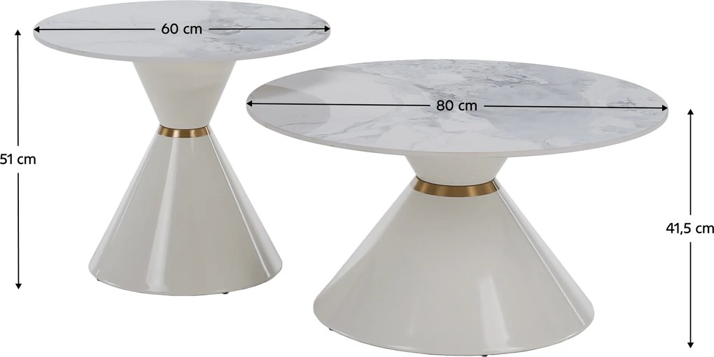 Dohányzóasztalok, 2 db-os szett, fehér márvány/fehér/arany, acél, MABUZ