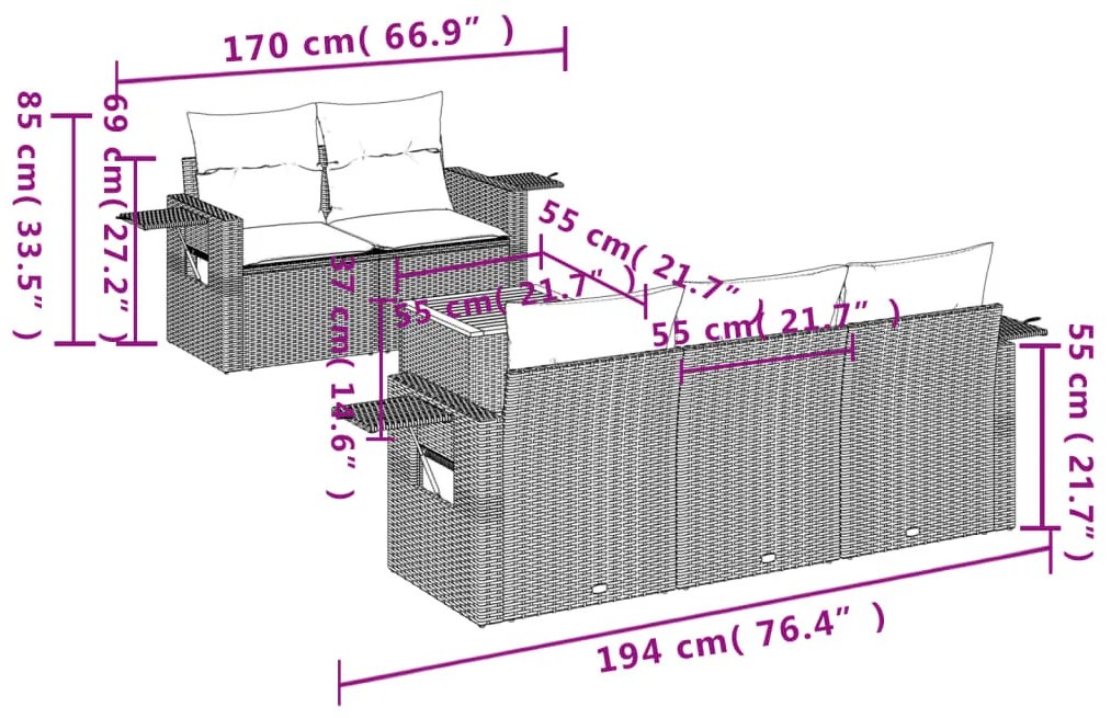 6 részes szürke polyrattan kerti ülőgarnitúra párnákkal