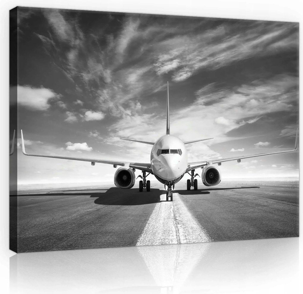 Vászonkép 80x60 Repülőgép Repülőtér Kifutópálya Ég Felhők Fekete-fehér fotó