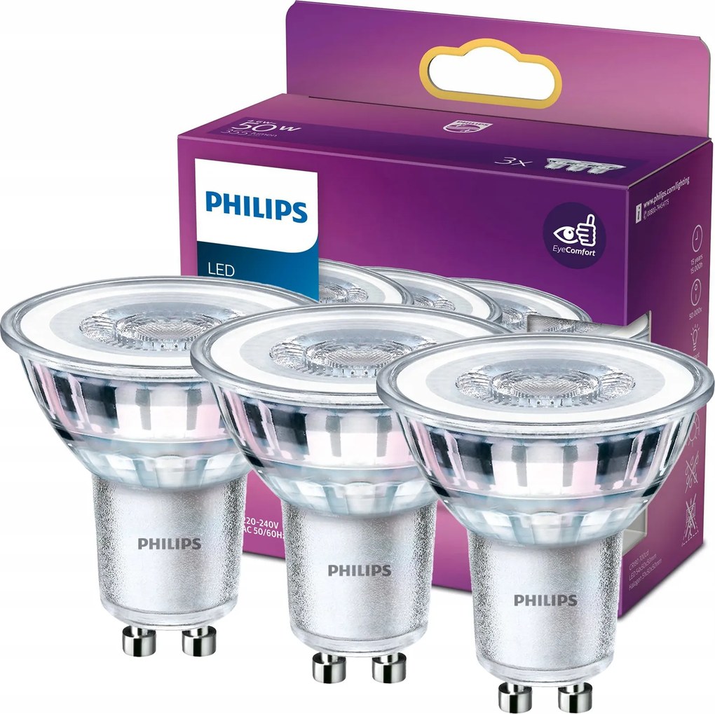 3x Led izzó GU10 4.6W 50W 355lm 2700K Meleg 36° Reflektor Philips