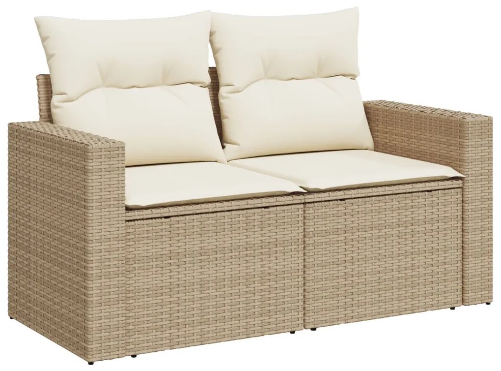10 darabos Kerti kanapé szett párnákkal Bézs Poly Rattan Akáciával, 4 darabos Kerti Étkező Szett párnákkal Bézs Poly Rattan Akáciával