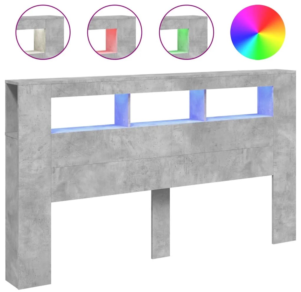 betonszürke szerelt fa LED-es fejtámla 180x18,5x103,5 cm