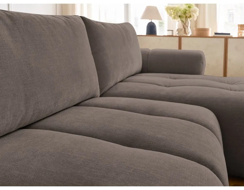 Szürkésbarna kinyitható-tárolóhelyes sarokkanapé (jobb oldali-heverő résszel) Fuji – Bobochic Paris