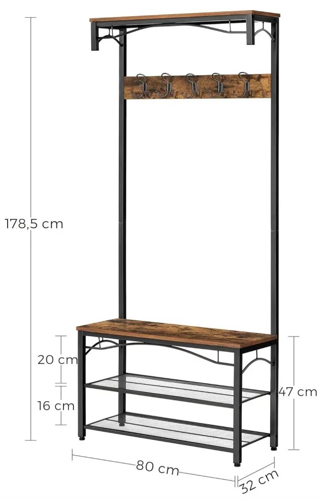 Előszoba fogas polccal, akasztókkal, cipőtartóval és ülőkével, rusztikus barna 80x32x178cm