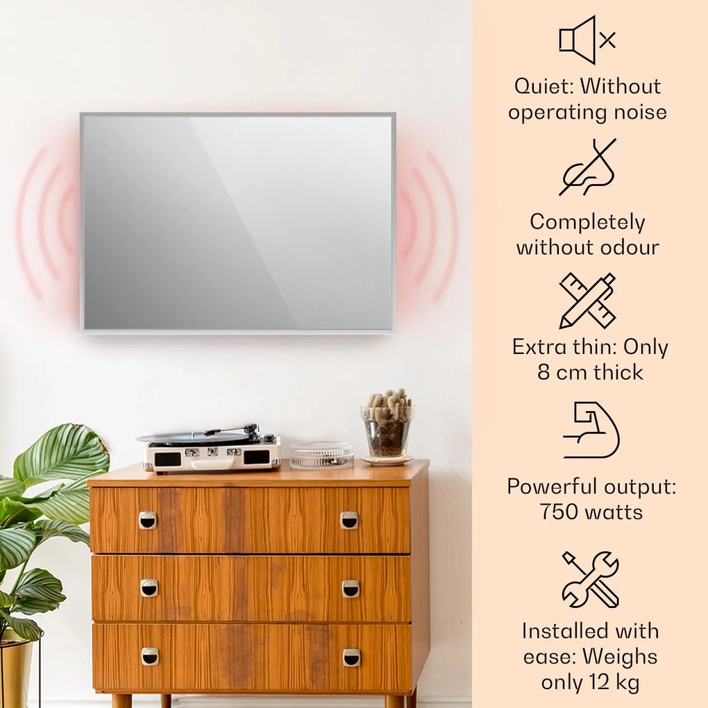 Klarstein La Palma 750 smart, infravörös hősugárzó 2 az 1-ben, 85 x 60 cm, 750 W, tükör elülső rész