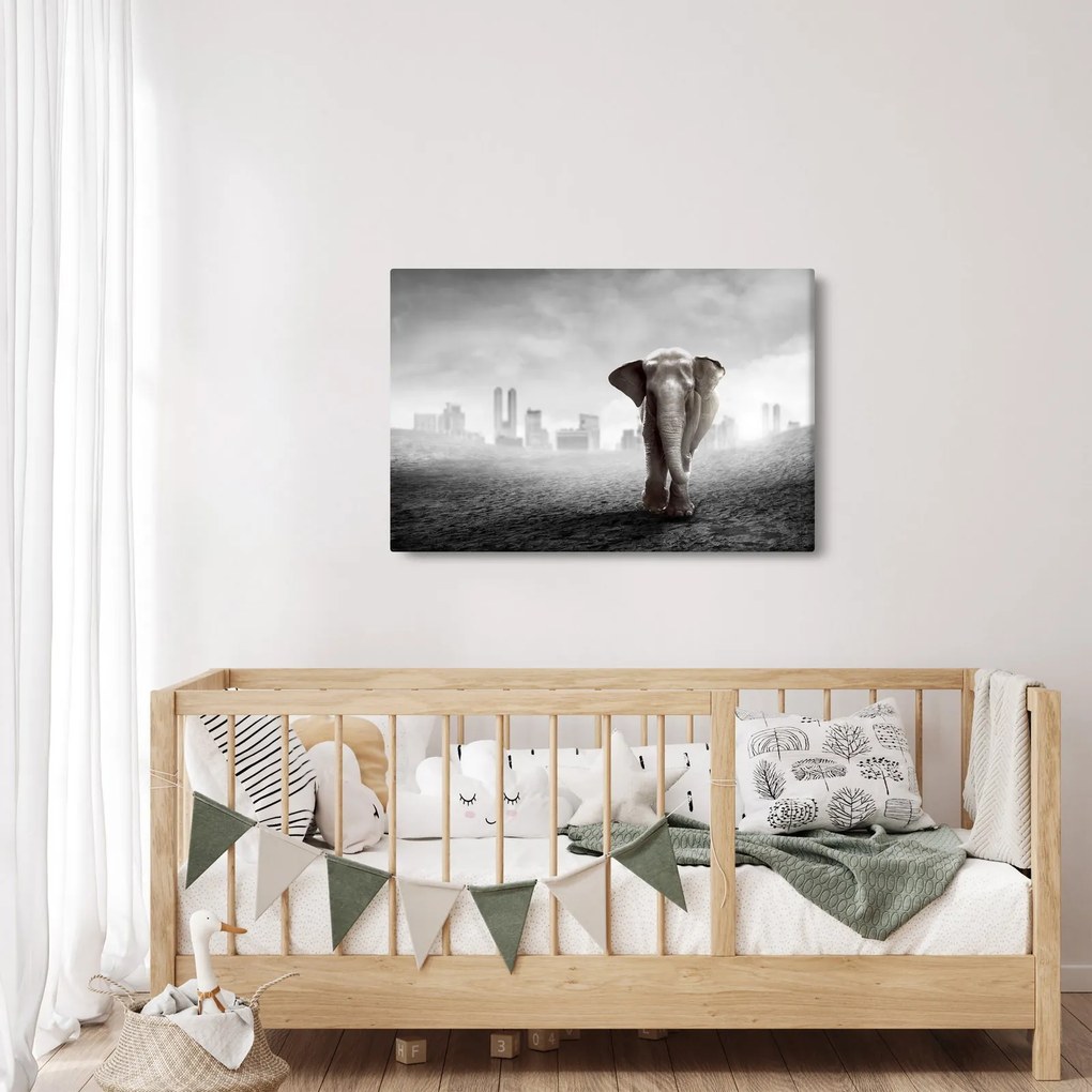 Kép -Elefánt egy nagyvárosban, fekete-fehér változat (90x60 cm)