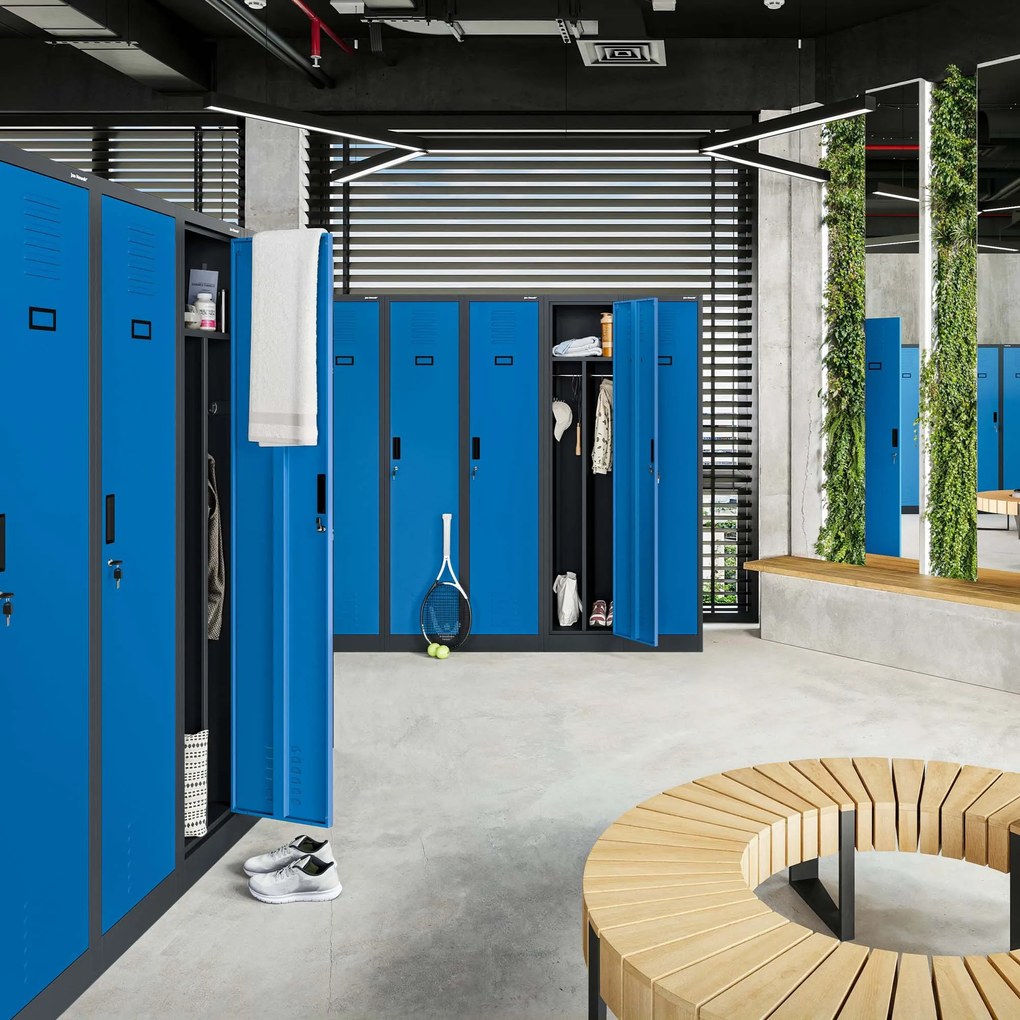 Pléh öltözőszekrény talpazaton, kétmodulos, polccal és köztes fallal KACPER, 800 x 1800 x 500 mm, antracit-kék