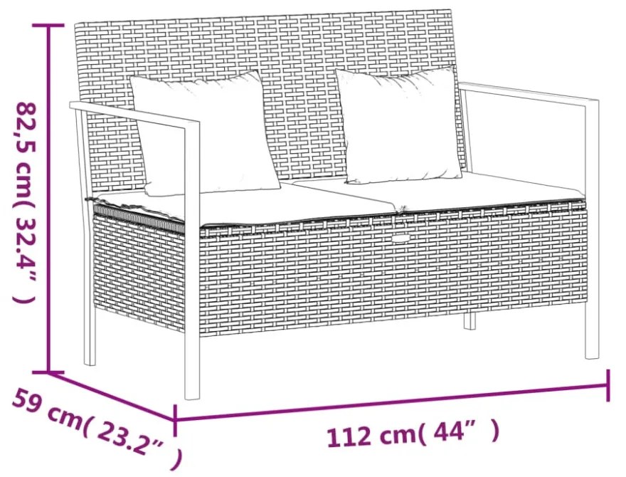 2 személyes szürke polyrattan kerti kanapé párnával