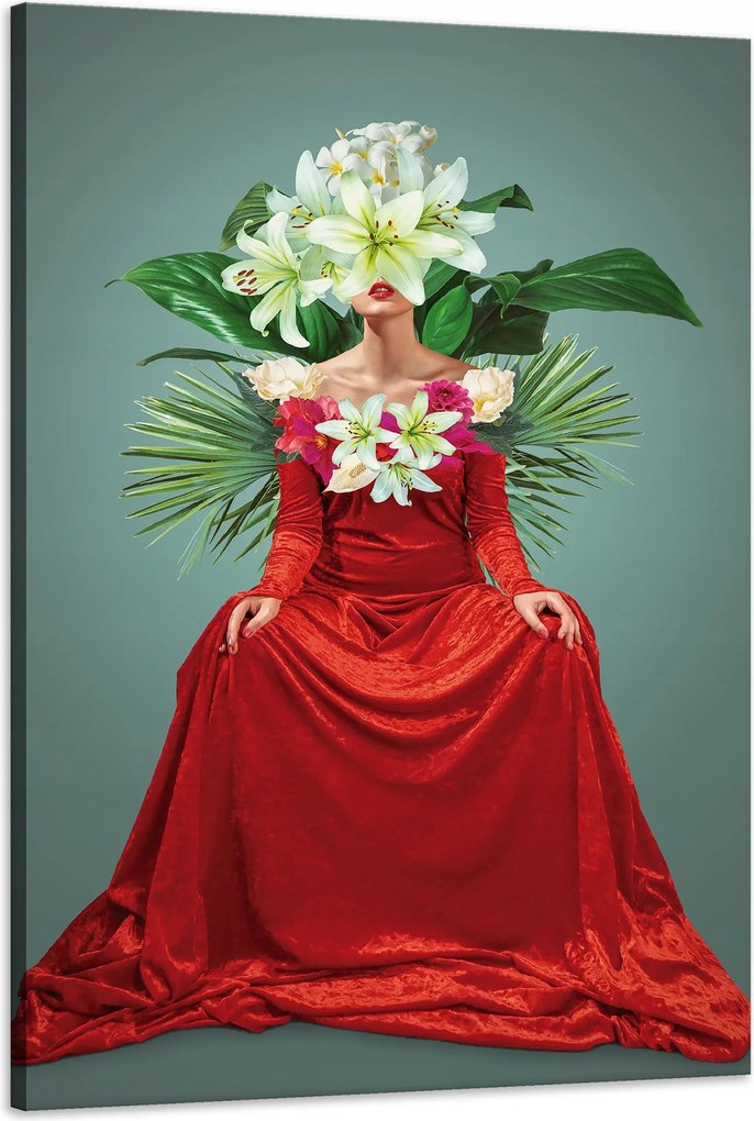 Vászonkép Piros Ruha Nő Virágok 60x90 cm Ideális ajándék
