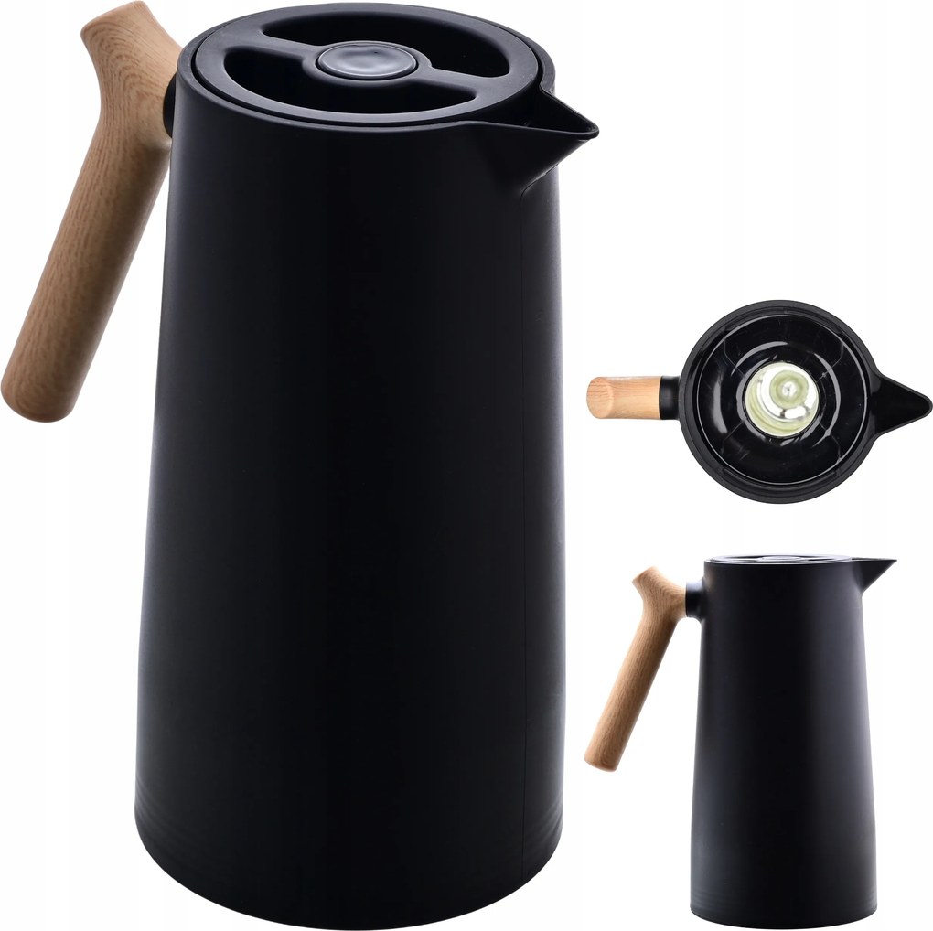Fekete teás-italos termosz 1 L rozsdamentes acél fogantyúval