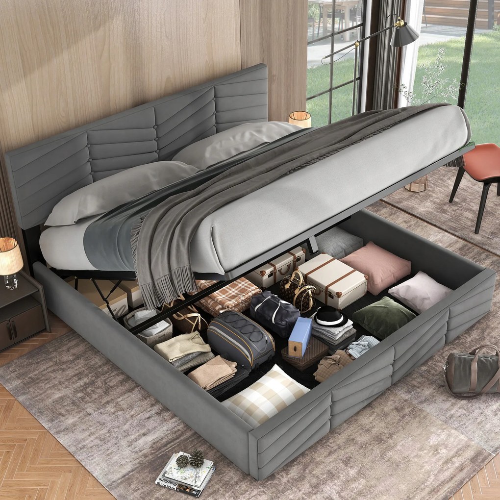 Kárpitozott ágy, velúr franciaágy 160x200cm szürke