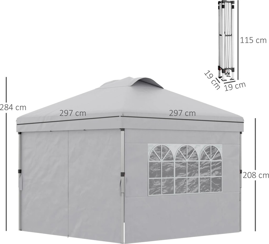 Outsunny Összecsukható Kertipavilon Pop-up Recepiós Sátor 3x3 Állítható Magasságú Oldalfalakkal, Szellőzőkkel, Ablakokkal és Kerekes Hordtáskával 300D