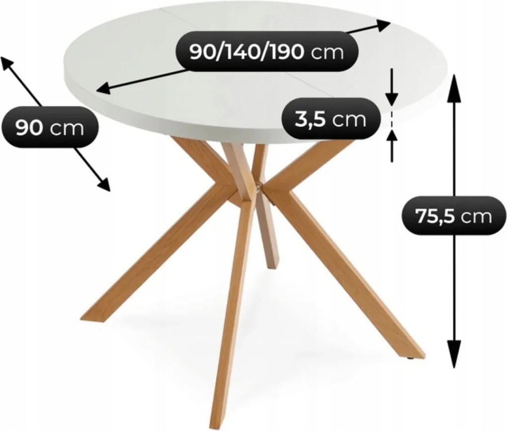 Kihúzható étkezőasztal 90–190 cm méretben, fehér/tölgy színben LUGO