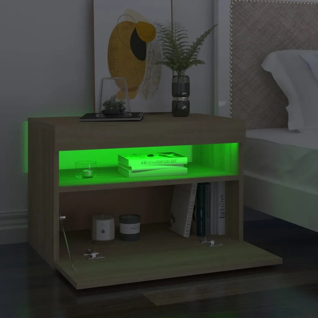 2 db sonoma tölgyszínű éjjeliszekrény LED-lámpákkal 60x35x40 cm