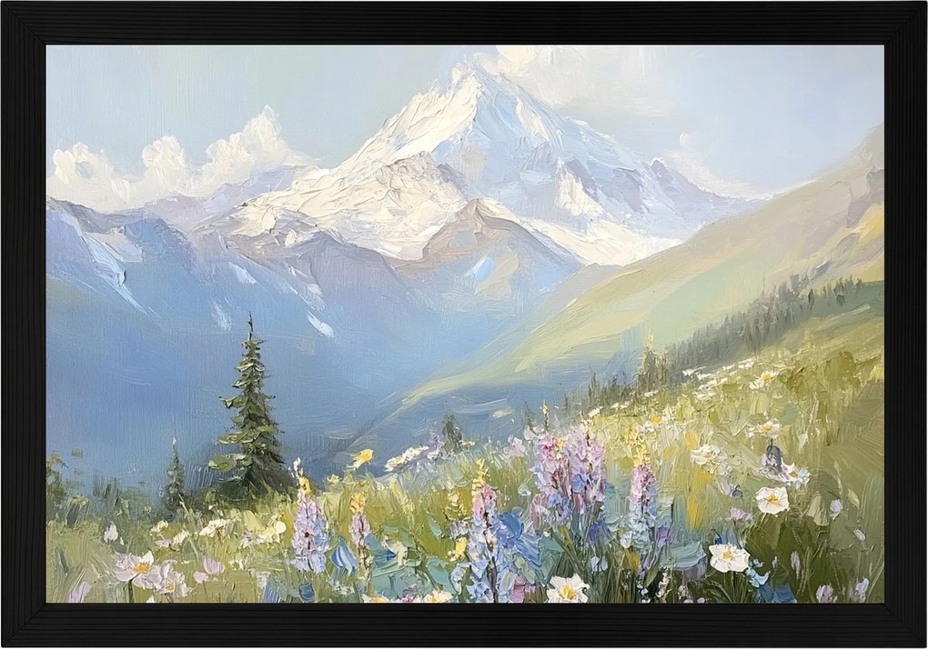 Poszter Keret Fa Tájkép Hegyek Csúcsok Alpok Rét Virágok Tavasz 60x40