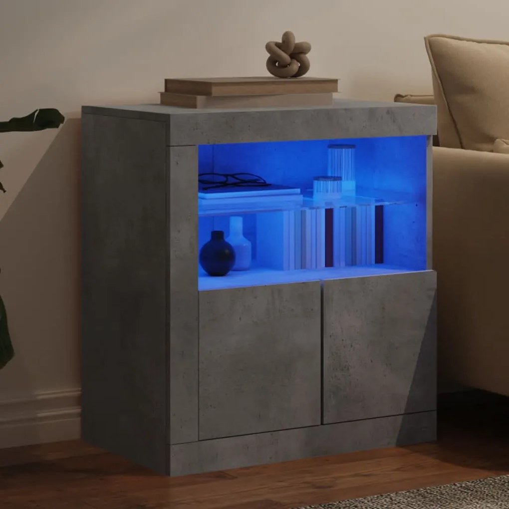 betonszürke tálalószekrény LED-világítással 60,5 x 37 x 67 cm