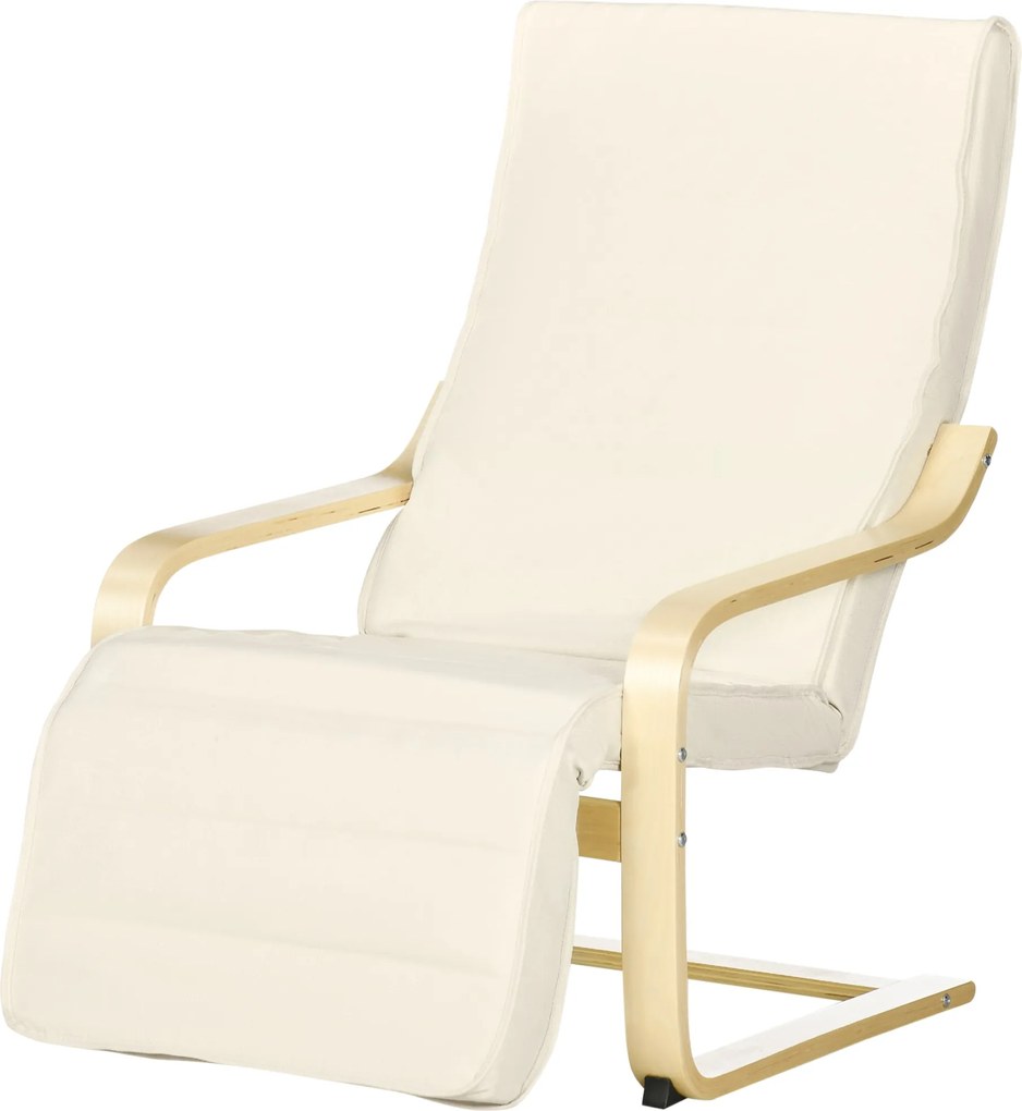 HOMCOM Karosszék - Nappali Fekvőszék Karfákkal, Bükkfából készült, 5-fokozatú lábtartó, Olvasószék Vászonhatású Kárpitozással, Hálószobába is, Krémfeh