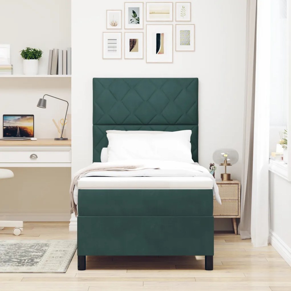 Boxspring Ágy Matraccal Sötét Zöld Egyágyas Bársonyos