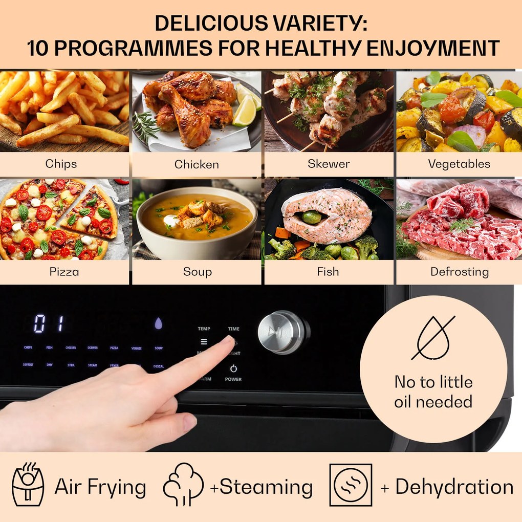 Klarstein Vita Pro, forrólevegős fritőz gőzfőzéssel, 2450 W, 18 l, 14 program, 800 ml víztartály