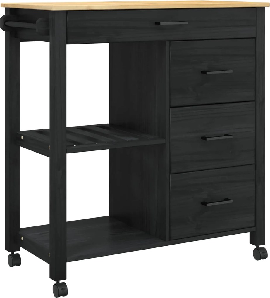 vidaXL Konyhai kocsi MONZA Fekete 84 x 40 x 88,5 cm Tömör fenyőfa